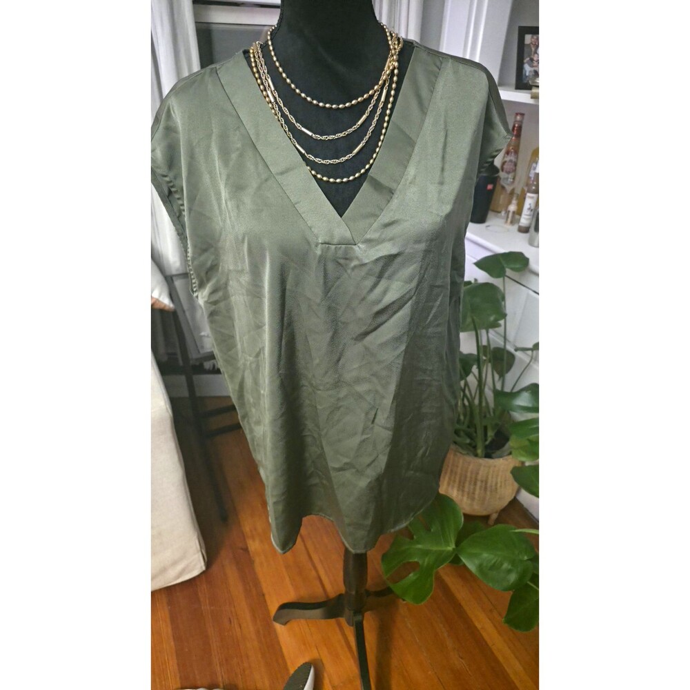 MIROL Women’s Green Solid V-Neck Short Sleeve Pullover Blouse Top Size XL